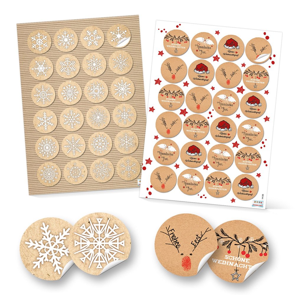 48 Round Merry Christmas Stickers, Red and White, 4 cm