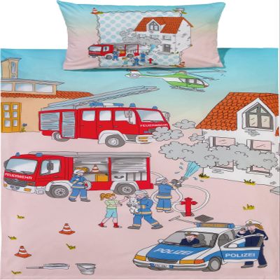 Erwin Müller Kids' Flannel Bedding Set, Police & Firefighters, Multicolor, 40 x 60 cm / 100 x 135 cm