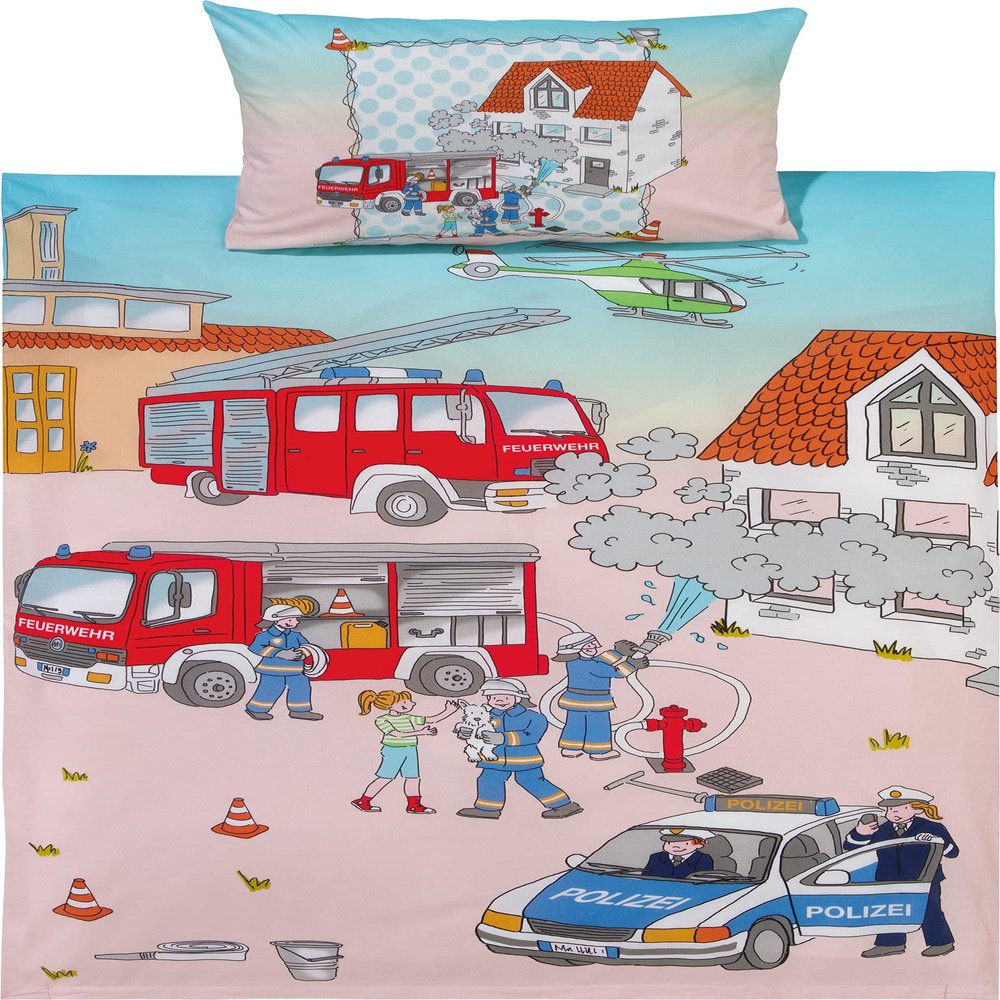 Erwin Müller Kids' Flannel Bedding Set, Police & Firefighters, Multicolor, 40 x 60 cm / 100 x 135 cm