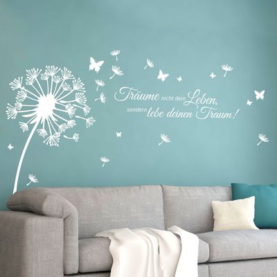 Grandora Dandelion Wall Decal with Quote “Dream Not Your Life” – Dark Gray, 150 x 103 cm