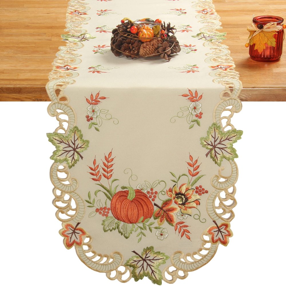 Quinnyshop Pumpkin and Sunflower Embroidered Table Runner 45 x 170 cm, Cream
