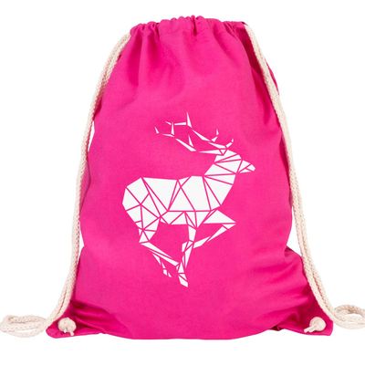 JUNIWORDS Drawstring Bag – “Origami Deer” (Bag: Pink, Design: White)