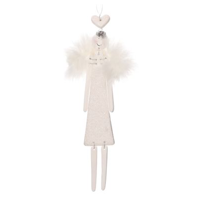 White Glitter Clay Angel with Feather Wings, Hanging Christmas Decoration