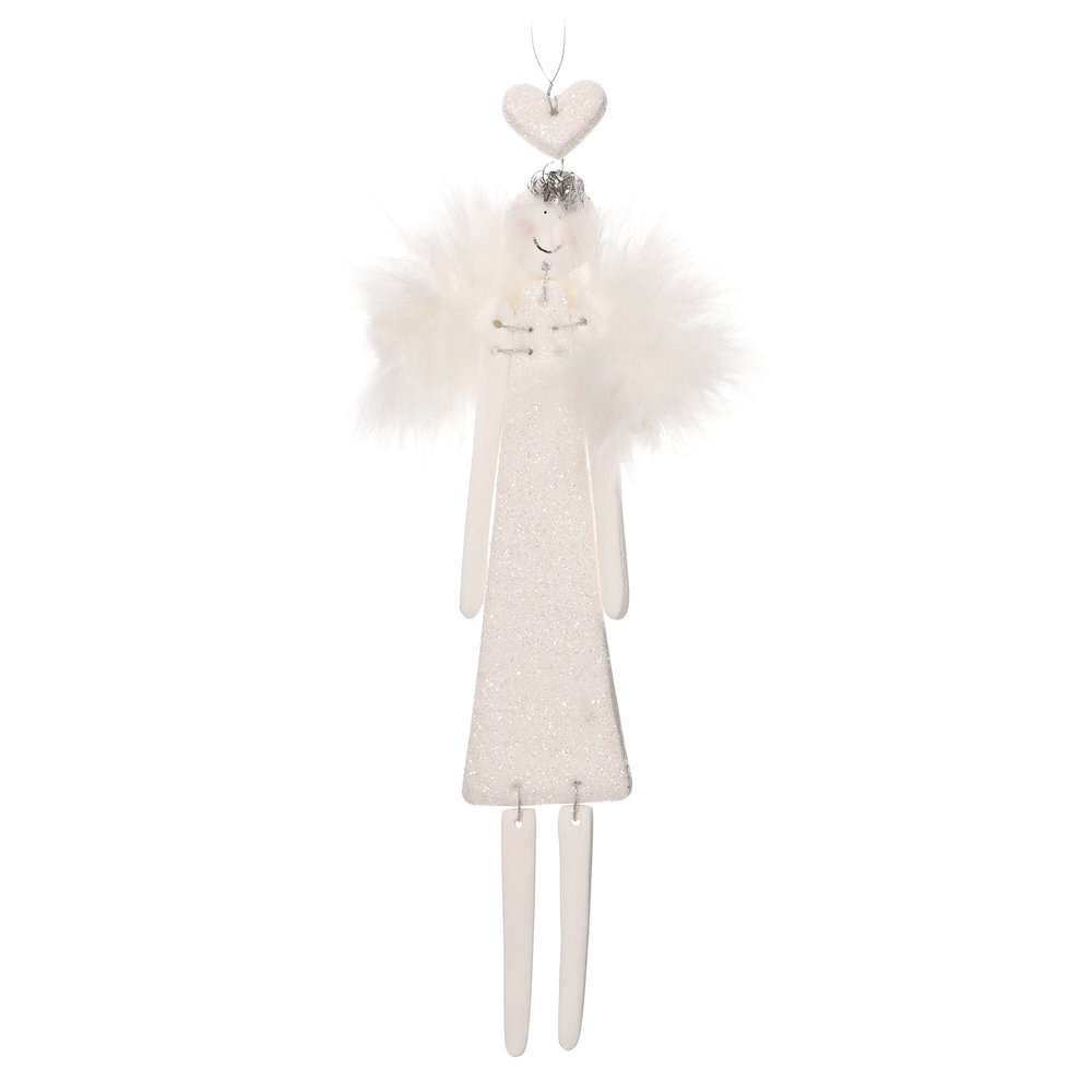 White Glitter Clay Angel with Feather Wings, Hanging Christmas Decoration