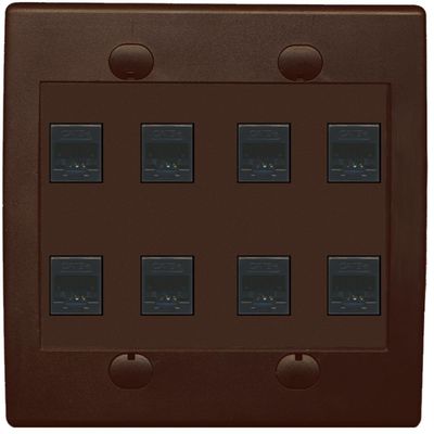 RiteAV Network Wall Plate with 8 Ports, Flat, 2-Gang, Cat5e RJ45, Brown