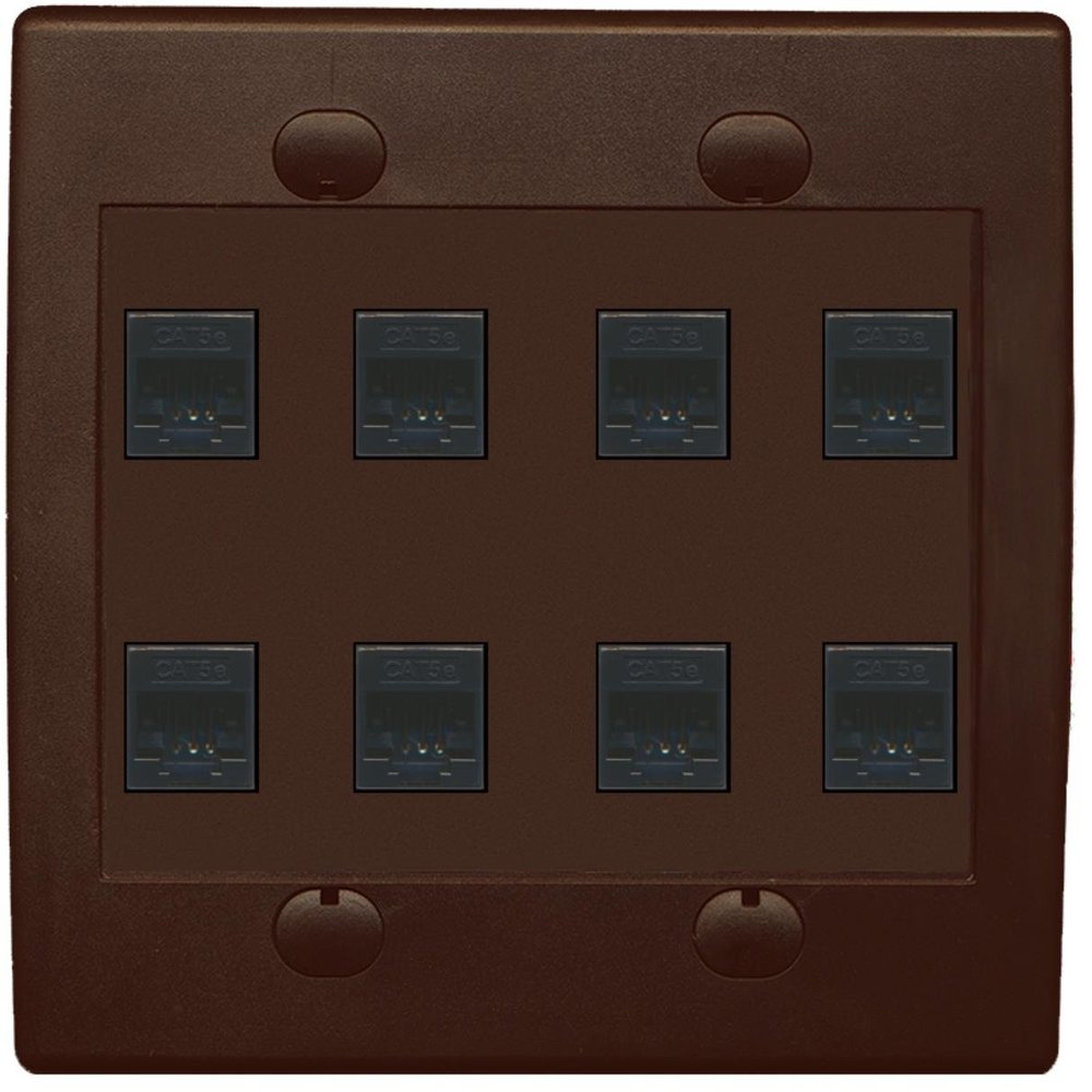 RiteAV Network Wall Plate with 8 Ports, Flat, 2-Gang, Cat5e RJ45, Brown