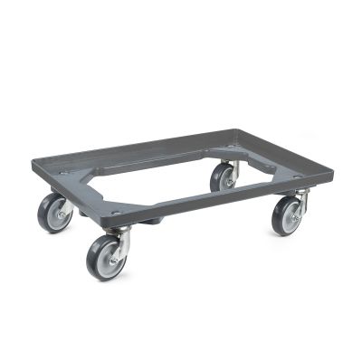 aidB Open Plastic Transport Dolly - Gray - Rubber Casters, 4 Swivel Casters - Single