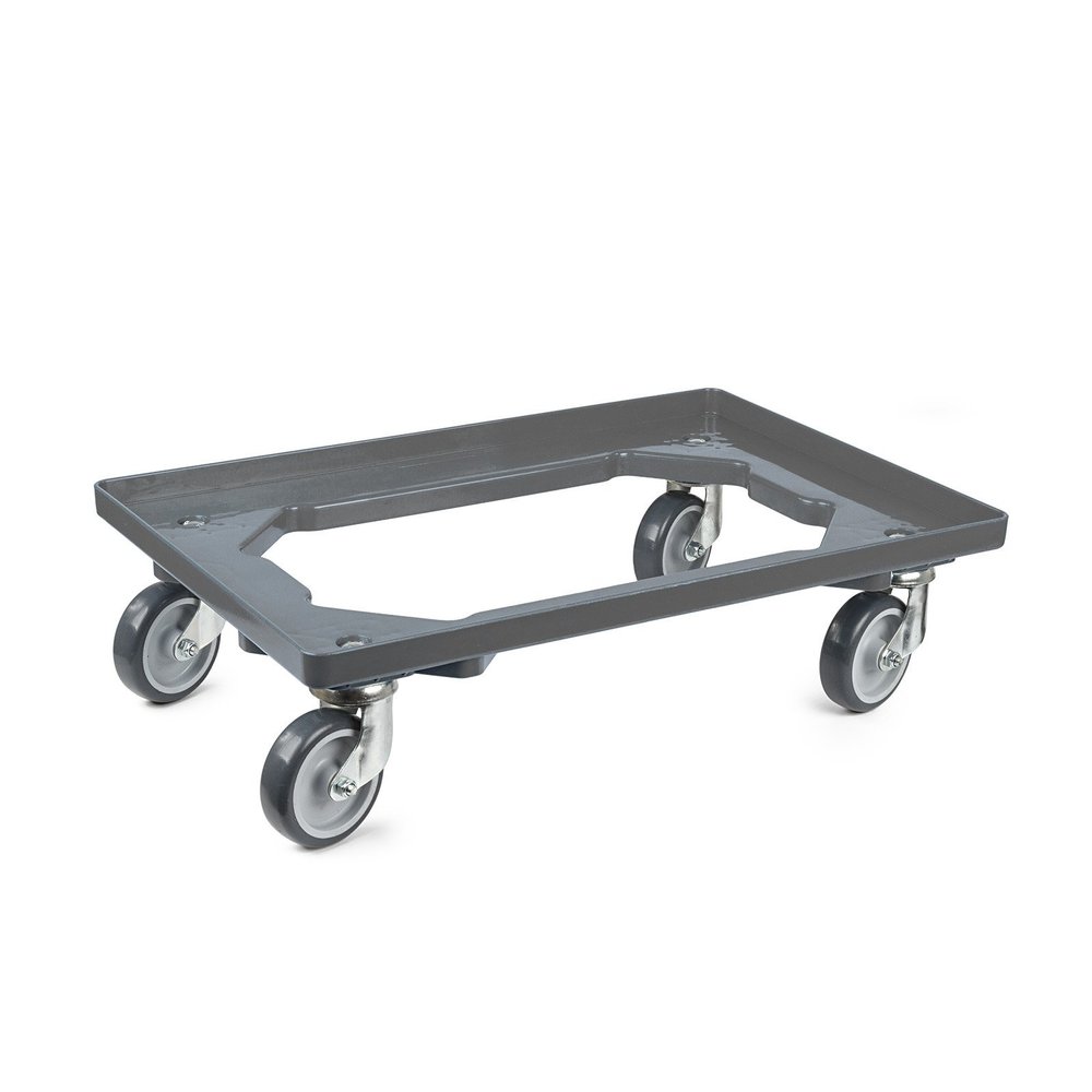 aidB Open Plastic Transport Dolly - Gray - Rubber Casters, 4 Swivel Casters - Single