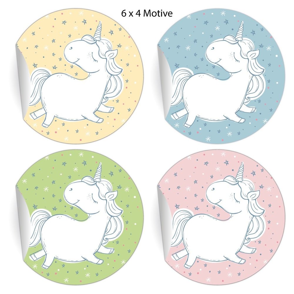 24 Pastel Unicorn and Star Stickers, Matte, Round, 45 mm