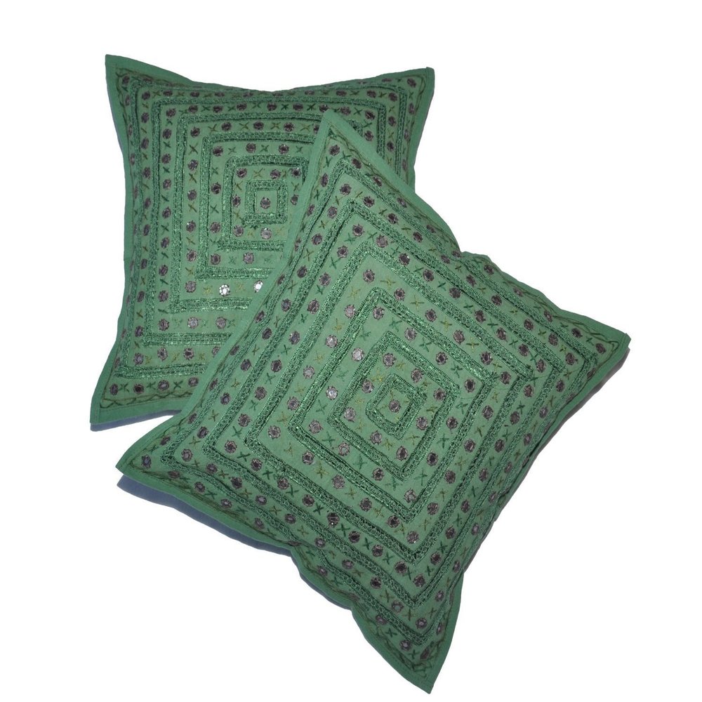 2-Piece Set of Embroidered Indian Sari Cotton Throw Pillow Covers, Green, 40 x 40 cm