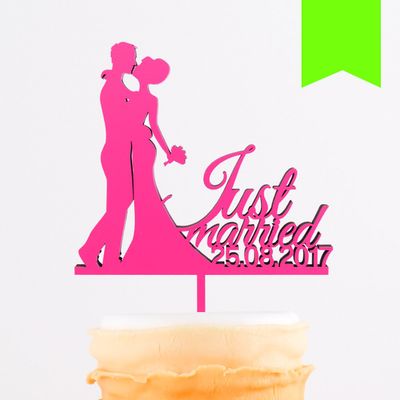 KLEINLAUT Personalized Wedding Cake Topper with Silhouette and Date, 25 cm Wide, Neon Green
