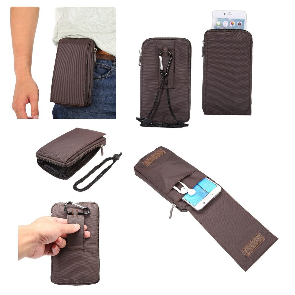 DFV mobile Multifunctional Vertical-Stripe Pouch Case with Zipper and Carabiner for PRESTIGIO WIZE N3, Brown XXM (18 x 10 cm)