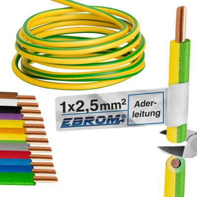EBROM H07V-U 2.5 mm Rigid Single-Core Wire, Green/Yellow, 50 m