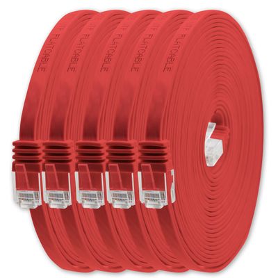1aTTack.de 5 m CAT6 Flat Ethernet Cable, RJ45, 1000 Mbps, 5-Pack, Red