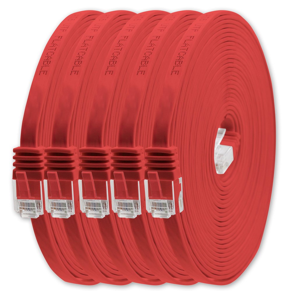1aTTack.de 5 m CAT6 Flat Ethernet Cable, RJ45, 1000 Mbps, 5-Pack, Red