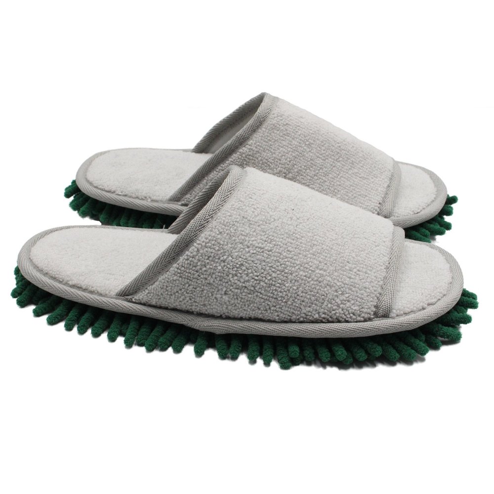 ofoot Open-Toe Microfiber Mop Slippers with Towel, 27.4 cm (Size 43–46), Gray/Green, One Size