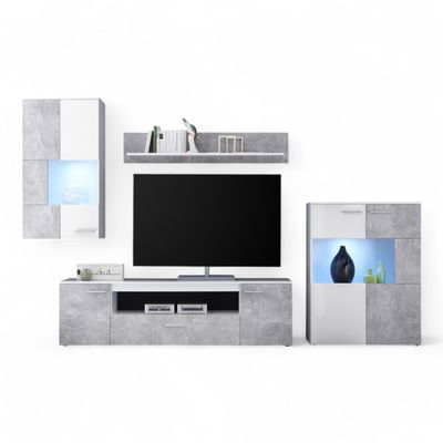 Vulcan Living Room Wall Unit Set in Concrete Look and White with LED Lighting, 290 x 194 x 40 cm