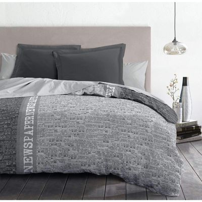 Home Linge Passion Newspaper Duvet Cover Set, Microfiber, Light Gray, Anthracite and White, 220 x 240 cm, 3-Piece