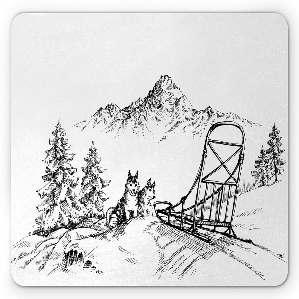 Ambesonne Alaskan Malamute Mouse Pad, Winter Mountain Landscape, Sled Dogs, Pine Trees, Wilderness Art, Rectangular, Non-Slip Rubber, Standard Size, White and Black