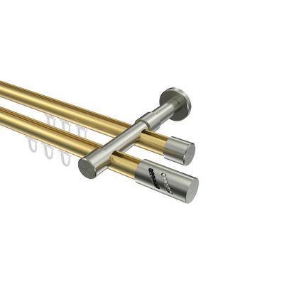 INTERDECO 20 mm Double-Track Curtain Rod with Internal Run, Metal, Brass and Stainless Steel Look, Wall-Mounted, Type 10214226, 140 cm