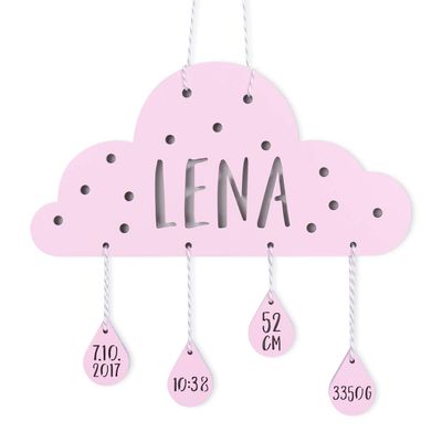 Kleinlaut 3D Baby Cloud Set – Personalized Wooden Name Decor with 4 Birth Data Tags – Light Blue