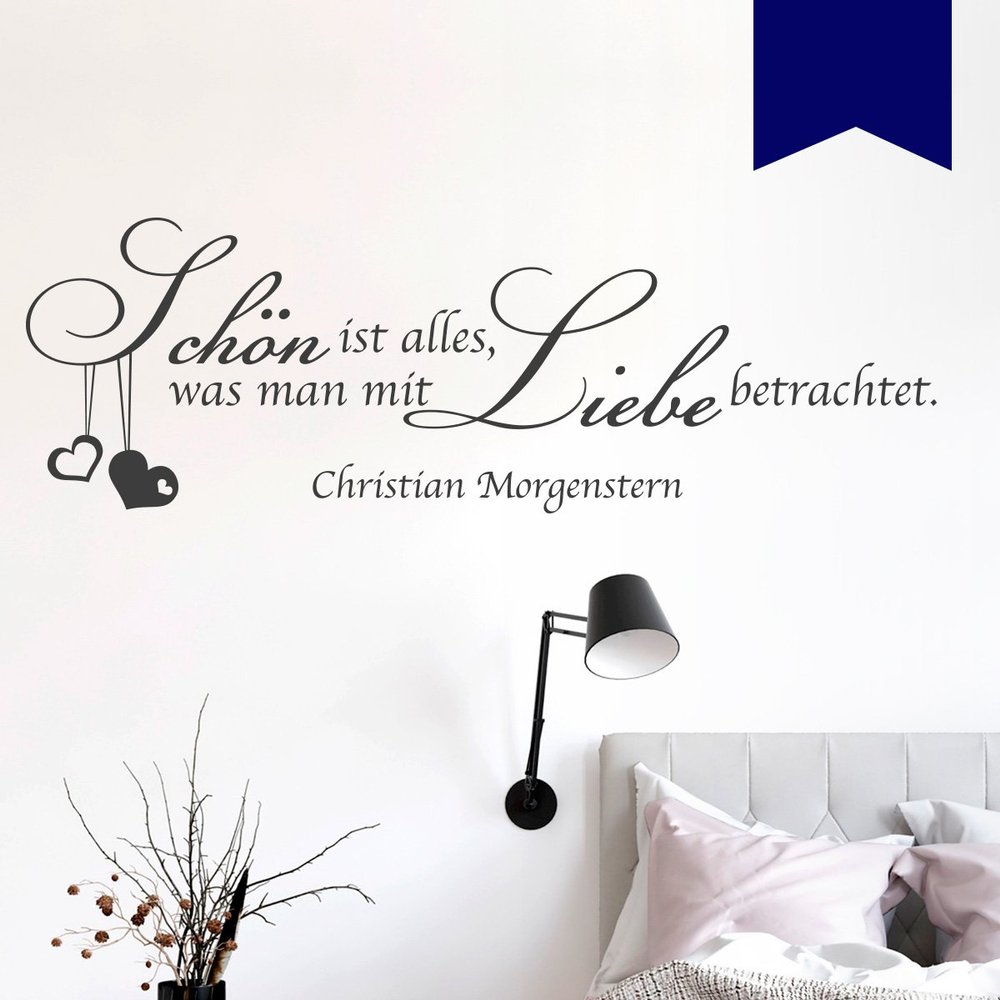 WANDKINGS Wall Decal – “Beautiful Is Everything One Looks at with Love” (Christian Morgenstern) – 190 x 61 cm – Dark Blue
