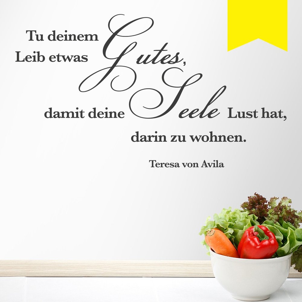 WANDKINGS Wall Decal – “Do something good for your body, so your soul will want to live in it.” (Teresa of Ávila) – 150 x 84 cm – Sulfur Yellow