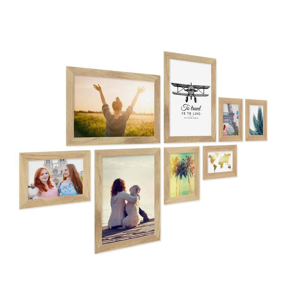 PHOTOLINI 8-Piece Solid Oak Wood Picture Frame Set with Acrylic Glass
