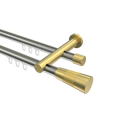 INTERDECO 20 mm Internal-Track Double Curtain Rod, Metal, Stainless Steel and Brass Look, 200 cm
