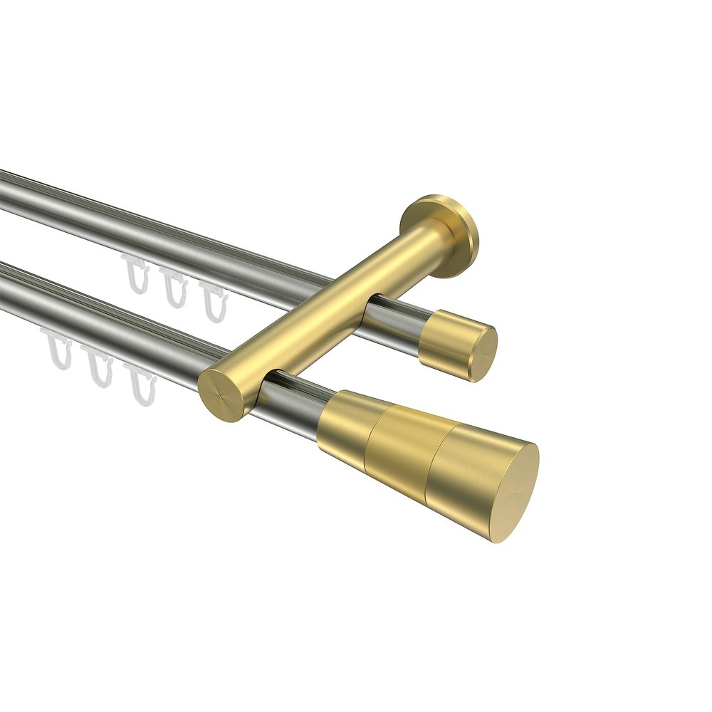INTERDECO 20 mm Internal-Track Double Curtain Rod, Metal, Stainless Steel and Brass Look, 200 cm