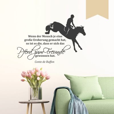 WANDKINGS Wall Decal – “If Man Has Ever Made a Great Conquest, It Is That He Has Made the Horse His Friend” (Conte de Buffon) – 100 x 70 cm – Beige