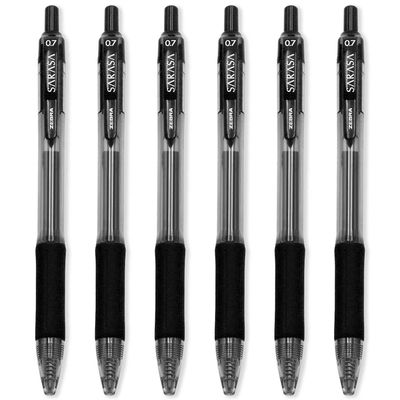 Zebra Sarasa Retractable Gel Ink Rollerball Pens, 0.7 mm, Black, 6 Count