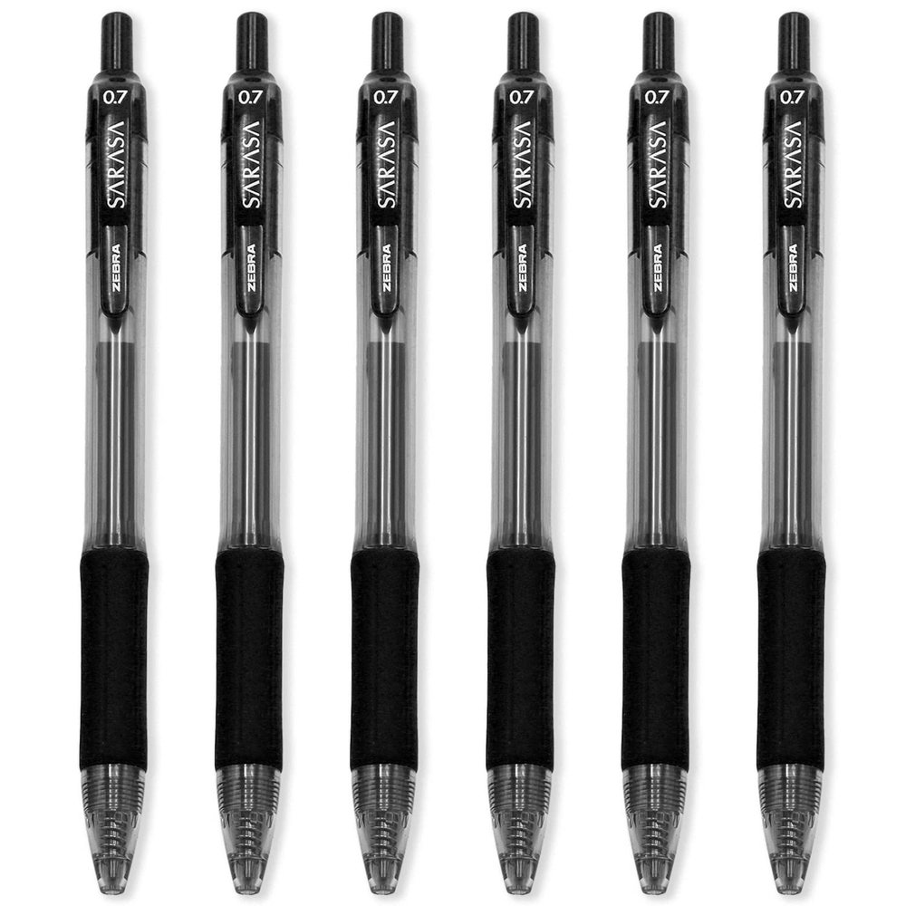Zebra Sarasa Retractable Gel Ink Rollerball Pens, 0.7 mm, Black, 6 Count