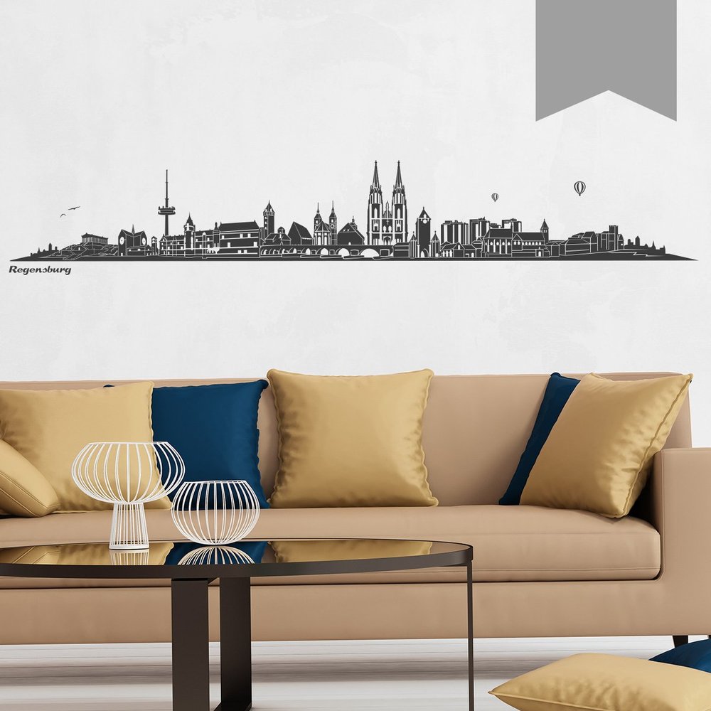 WANDKINGS Wall Decal – Regensburg Skyline (Without River) – 300 x 49 cm – Medium Gray