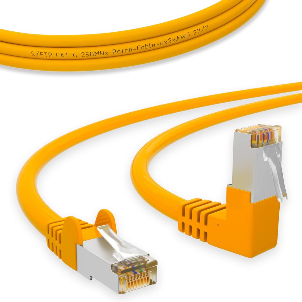 HB Digital Cat 6 Ethernet Cable, 90° Angled RJ45 Plug, 3 m, Yellow