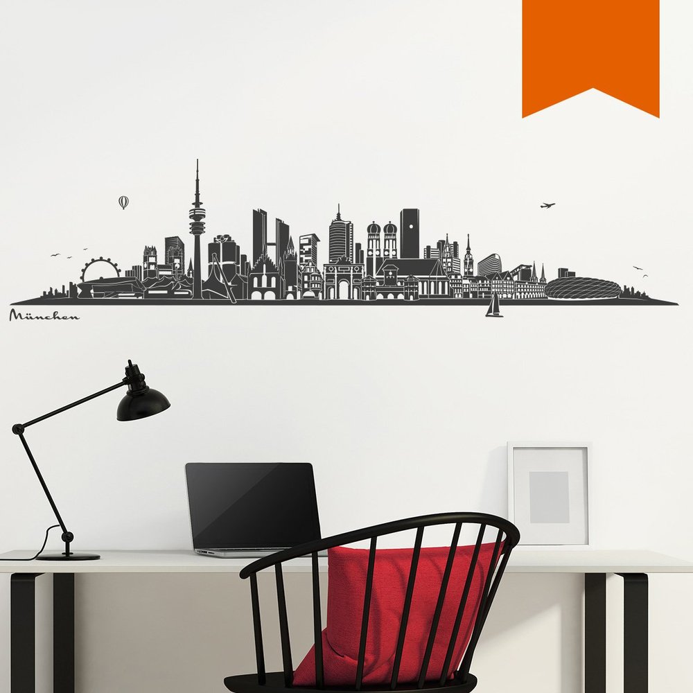WANDKINGS Wall Decal – Munich Skyline (Without River) – 160 x 39 cm – Orange – 6 Sizes & 35 Colors