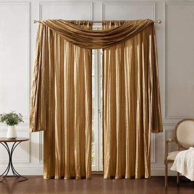 Elrene Athena Faux Silk Crinkle Curtain Set with Valance, 52 x 108 in, Gold