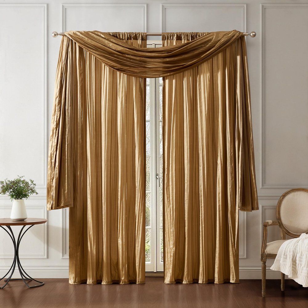 Elrene Athena Faux Silk Crinkle Curtain Set with Valance, 52 x 108 in, Gold