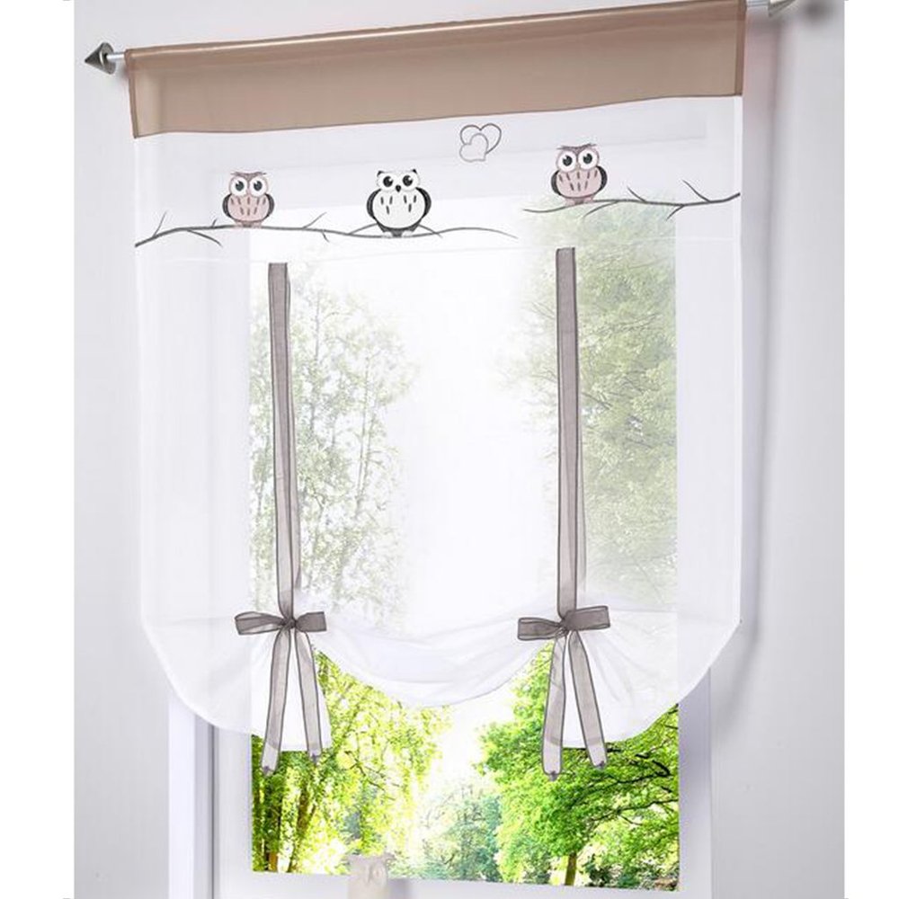 SIMPVALE Embroidered Owl Roman Shade, Ribbon-Type Curtain, Khaki, 60 x 140 cm