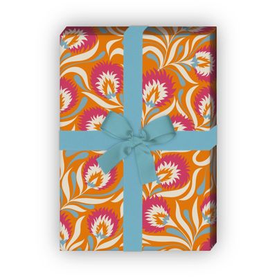 Kartenkaufrausch Set of 4 Sheets: 1970s Orange Art Nouveau Floral Gift Wrapping Paper, 32 x 48 cm
