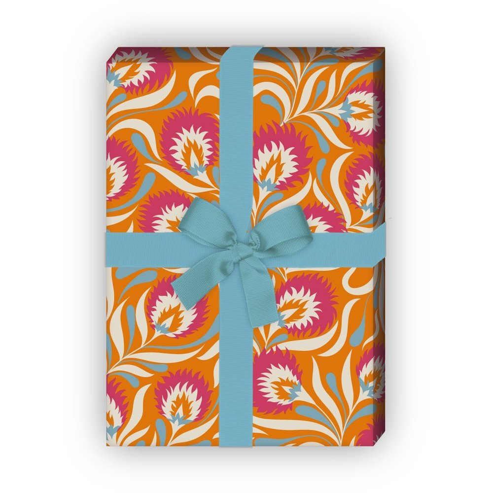 Kartenkaufrausch Set of 4 Sheets: 1970s Orange Art Nouveau Floral Gift Wrapping Paper, 32 x 48 cm