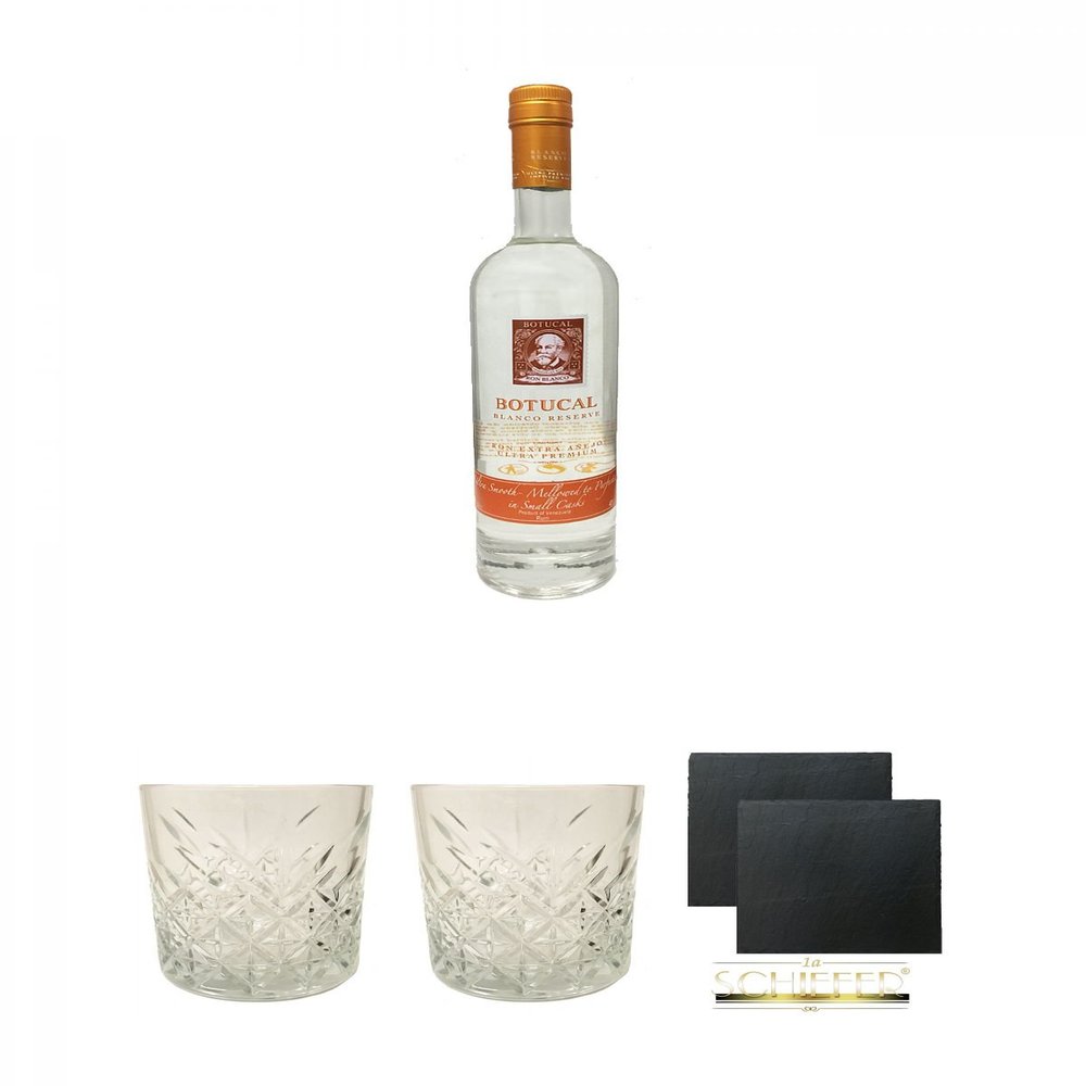 Botucal Blanco Reserve 0.7 L + 2 Rum Glasses + 2 Square Slate Coasters, Approx. 9.5 cm