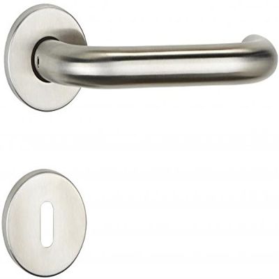 U-Shape Door Handle Set PS-TEC 01, Round Roses, BB Keyhole, Satin Stainless Steel, Door Thickness 36–45 mm, 8 mm Spindle