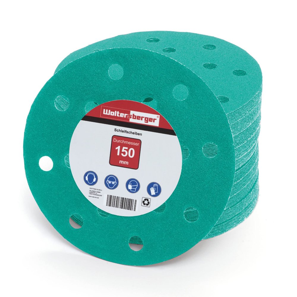 Woltersberger 50-Pack 150 mm Random Orbital Sanding Discs, P1200 Grit, 15-Hole, Green