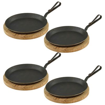 GVK ECO Forged Iron Serving Pans, Curved Hook Handles, 28 cm, Set of 4 with Boards