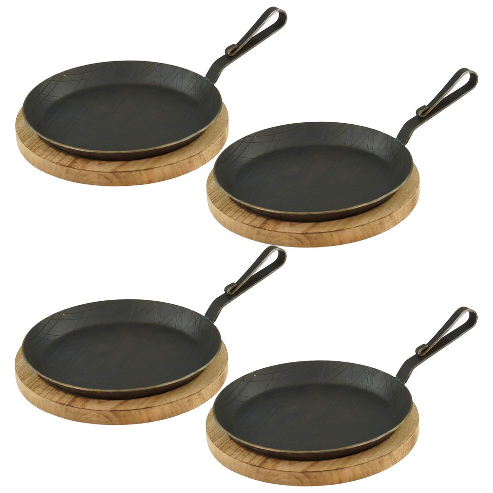 GVK ECO Forged Iron Serving Pans, Curved Hook Handles, 28 cm, Set of 4 with Boards