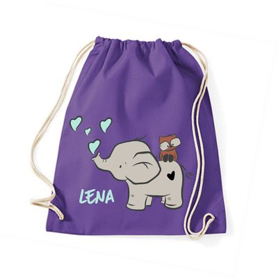 minimutz Drawstring Bag with Name | Elephant & Owl | Purple Gray