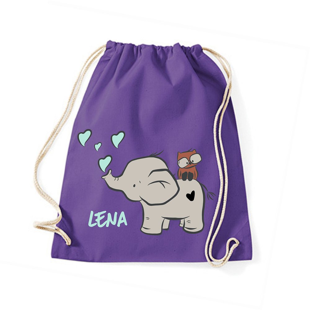 minimutz Drawstring Bag with Name | Elephant & Owl | Purple Gray