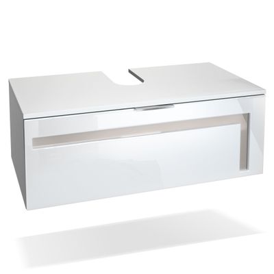 Vladon Aloha V2 Bathroom Vanity Cabinet, Made in Germany, Matte White Body, High-Gloss White Fronts with Sand Gray Accents