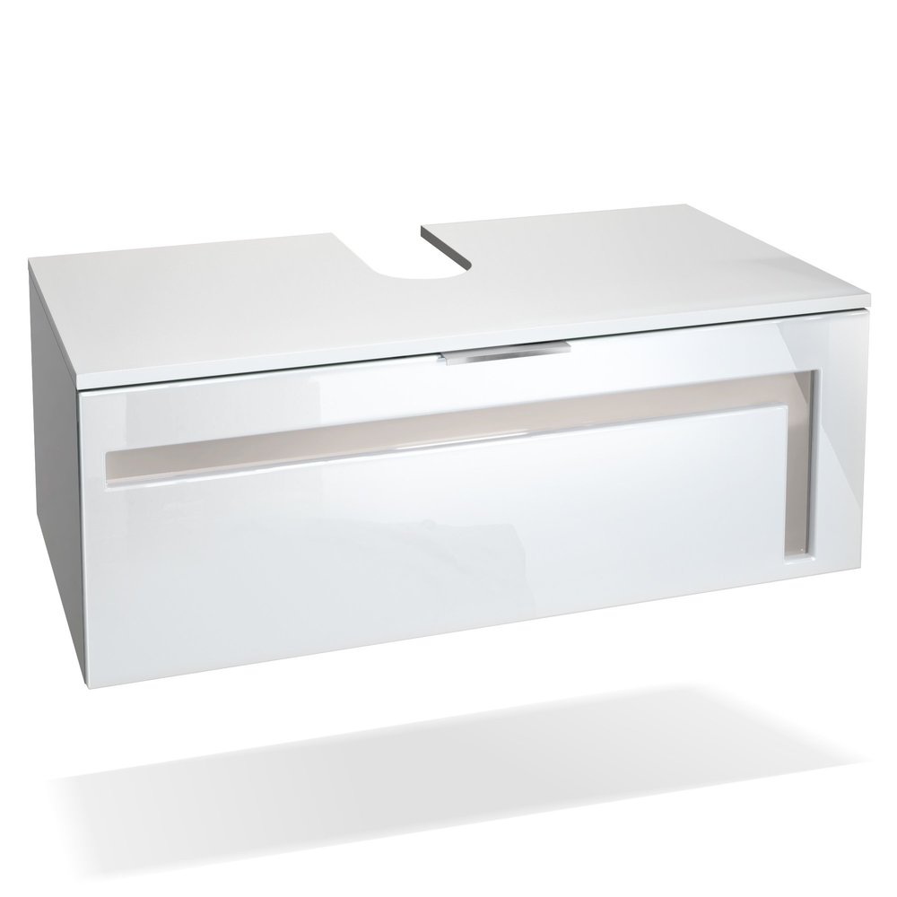 Vladon Aloha V2 Bathroom Vanity Cabinet, Made in Germany, Matte White Body, High-Gloss White Fronts with Sand Gray Accents